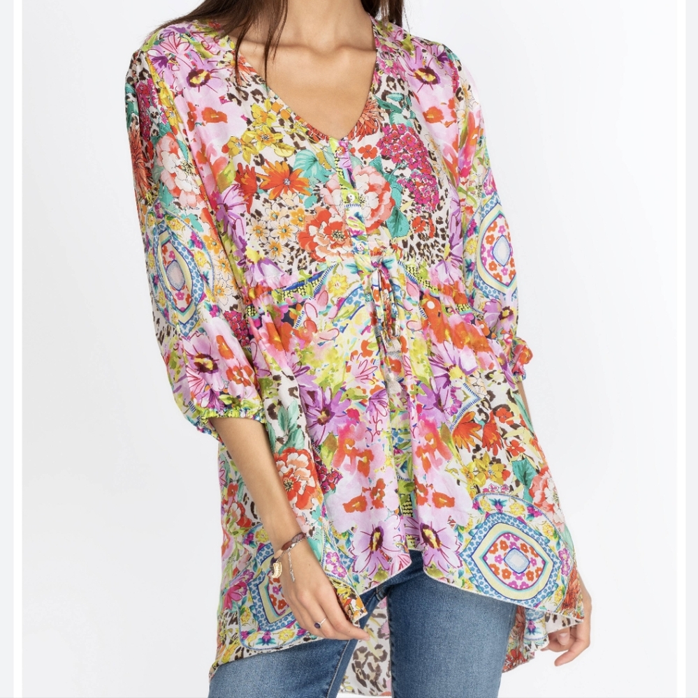 Johny Was Wild Garden Anora silk floral bohemian tunic XXL Like NWOT